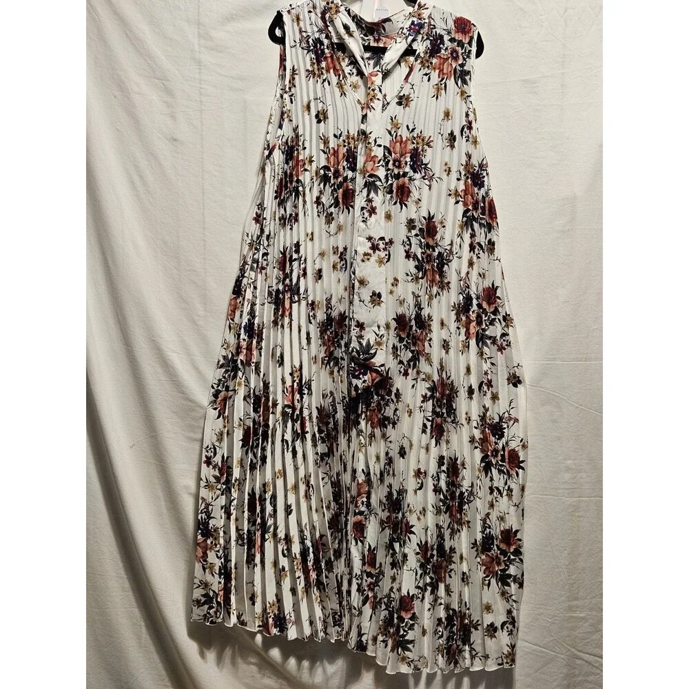 SHEIN White Floral Pleated V-Neck A-Line Sleeveless Midi Dress 4XL